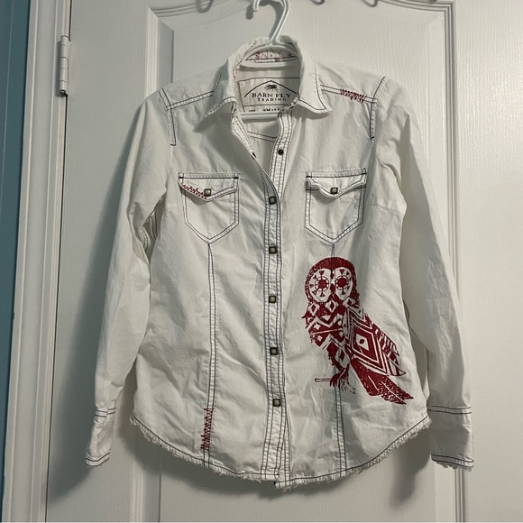 Barn Fly Women Small White Pearl Snap Western Shirt Casual Shirt - Picture 1 of 8